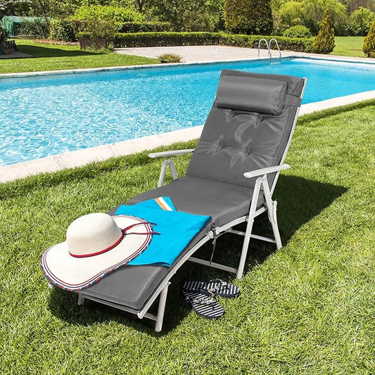 Giantex Chaise Lounge Chair for Outside, Pool Folding Reclining Beach Chair W/Removable Cushion&Headrest Pillow, Outdoor Lounge Chaise w/ 7 Backrest Positions, Portable Patio Lounger (1, Grey)