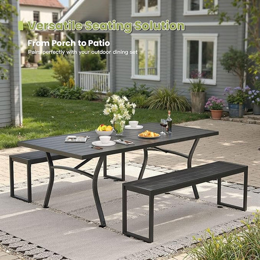 53" Outdoor Bench, 2 Pieces Patio Backless Garden Bench with Metal Frame & Faux Wood Seat for Porch, Entryway, Lawn, Backyard, Black