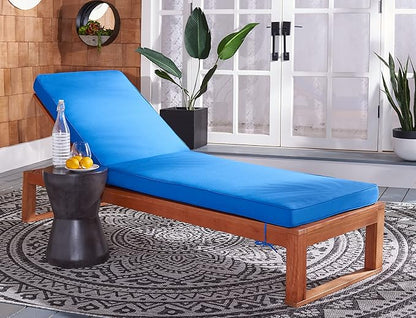 SAFAVIEH Outdoor Collection Solano Natural Brown Solid Wood/Royal Blue Cushion Patio Adjustable Chaise Lounge Chair (PAT7024K)