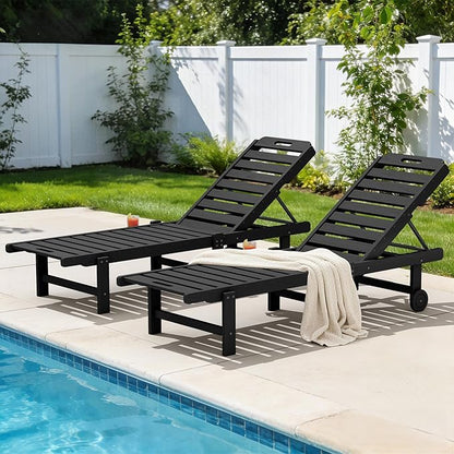 SERWALL Outdoor Chaise Lounge Set of 2, All-Weather HDPE Pool Lounge Chairs with 5-Position Adjustable Reclining Backrest, Rolling Wheels & Cup Holder for Poolside, Black
