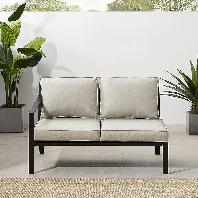 Crosley Furniture Clark Outdoor Sectional Left Side Loveseat, 2-Person Patio Couch for Deck, Backyard, Matte Black with Taupe Cushions