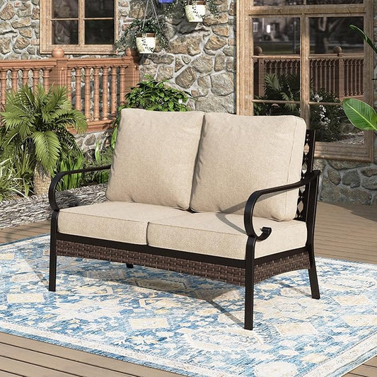 Patio Furniture Sofa, Love-Seat Patio Sofa Steel Frame Outdoor Sectional Couch with Deep Seating and 5.75” Cushions for Lawn Backyard Porch Deck, Beige