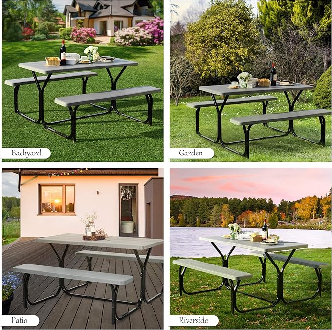 Giantex Picnic Table Bench Set Outdoor Camping All Weather Metal Base Wood-Like Texture Backyard Poolside Dining Party - Photo 7