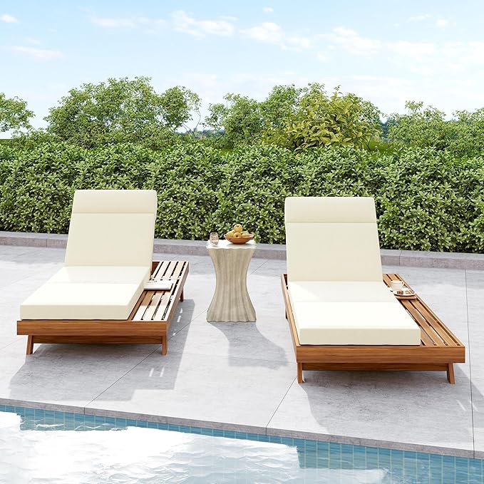 Merax Acacia Wood Chaise Lounge Chair Outdoor Set of 2, Patio Recliner with 4 Position Adjustable Backrest and 4" Thick Four-fold Cushion