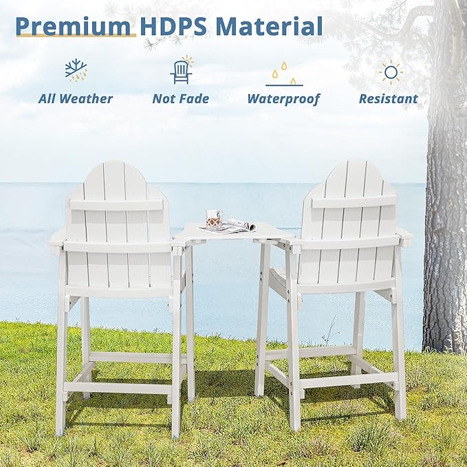 LUE BONA Tall Adirondack Chair Set of 2, All Weather HDPS Bar Height Adirondack Chair with Detachable Table & Umbrella Hole, Adirondack Barstools for Patio, Deck, Backyard & Commercial Use White