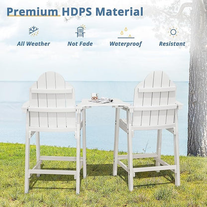 LUE BONA Tall Adirondack Chair Set of 2, All Weather HDPS Bar Height Adirondack Chair with Detachable Table & Umbrella Hole, Adirondack Barstools for Patio, Deck, Backyard & Commercial Use White