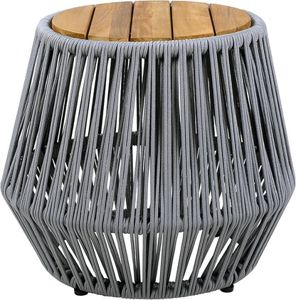 Merax Bohemian Round Outdoor Side Table with Acacia Wood Top and Grey Handwoven Rope Base, Boho Patio Coffee Table for Garden, Pool, Deck, Balcony, Yard