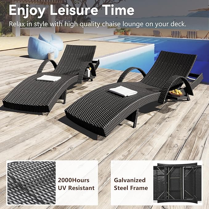 80'' Outdoor Wicker Chaise Lounge Chairs Set of 8, Patio Rattan Reclining Chair with Pull-Out Side Table - Photo 6