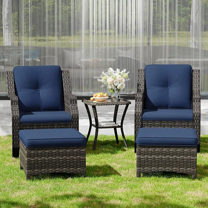 Wicker Patio Furniture Set - 5 Piece Rattan Outdoor Conversation Sets with 2 Wicker Patio Chairs,2 Ottomans, 1 Side Table for Garden, Backyard, Balcony and Deck
