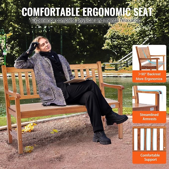 VEVOR Wood Outdoor Bench, 2-Person Garden Bench with Backrest and Armrests, 800 lbs Load Capacity - Photo 6