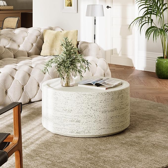 UPHA 28" Round Outdoor Coffee Table, Modern Hollow Concrete Patio Table, Small Minimalist Low Accent Table for Living Room, Balcony, Deck, Backyard, Off-White