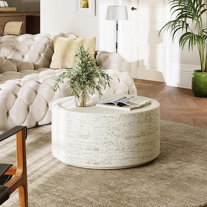 UPHA 28" Round Outdoor Coffee Table, Modern Hollow Concrete Patio Table, Small Minimalist Low Accent Table for Living Room, Balcony, Deck, Backyard, Off-White