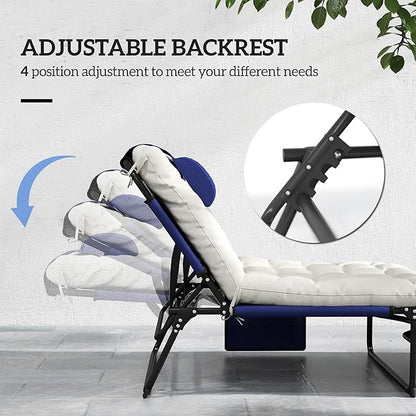 Outsunny Folding Chaise Lounge with 4-Level Reclining Back, Outdoor Tanning Chair with Cushion, Outdoor Lounge Chair with Breathable Mesh Fabric, Side Pocket, Headrest, Navy Blue