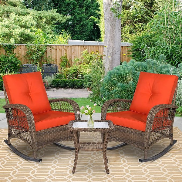 3 Pieces Outdoor Patio Bistro Rocking Chair Set, Rattan Patio Rocker Chairs Set with Cushions and Glass-Top Coffee Table - Photo 1