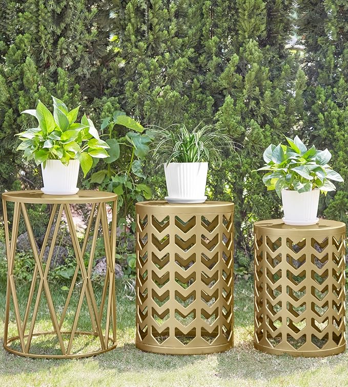 Nesting Side Table Set of 3 Decorative Round Garden Stools for Indoor Outdoor Heavy Duty Metal Frame Side Table - Photo 8