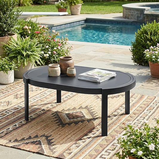 Merax Modern Outdoor Oval Coffee Table with Tempered Glass Top, Black Aluminum Frame, Weather-Resistant Patio Center Table for Backyard, Deck & Poolside, Black
