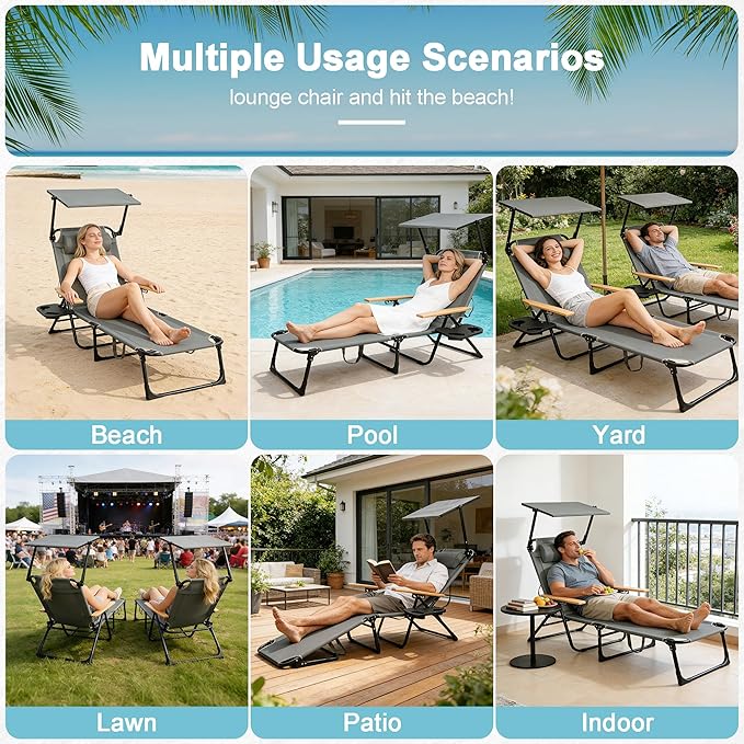 Outdoor Chaise Lounge Chair with 4-Position Adjustable Backrest, Patio Folding Sun Tanning Chair, Pillow & Cup Holder - Photo 8