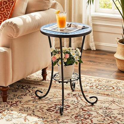 Side Table Outdoor, Mosaic Patio Table with Planter Stand, 22" H Iron Coffee End Table,Weather Resistant Tile Top Metal Drink Bar Table for Indoor Garden Balcony Yard Bistro Balcony