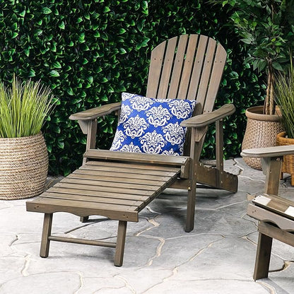 Merax Folding Adjustable Acacia Wood Adirondack Chairs, Water Proof with Retractable Ottoman Outdoor Wooden Lounge Reclining Chair for Garden, Patio, Gray