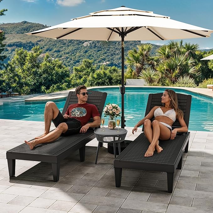 YITAHOME Outdoor Chaise Lounge Chair, Plastic Pool Chaise Lounge with 5-Position Backrest, Easy Assembly & Waterproof for Patio & Poolside, Set of 2, Black