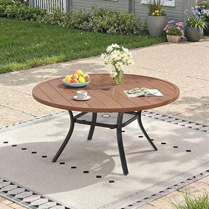 47.2" Patio Dining Table for 6, Round Outdoor Metal Dining Table with Umbrella Hole for Lawn Garden Backyard, Walnut