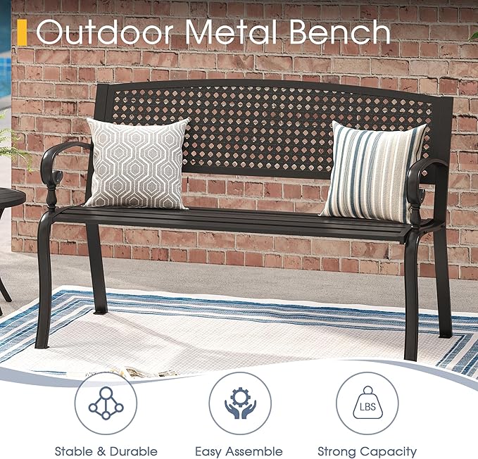 VICLLAX Outdoor Garden Bench, 50” Long Metal Patio Bench with Backrest and Armrests, Modern Slatted Black Park Bench for Front Porch, Lawn, Yard, Garden, Square Pattern Back