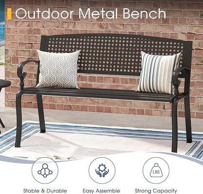 VICLLAX Outdoor Garden Bench, 50” Long Metal Patio Bench with Backrest and Armrests, Modern Slatted Black Park Bench for Front Porch, Lawn, Yard, Garden, Square Pattern Back