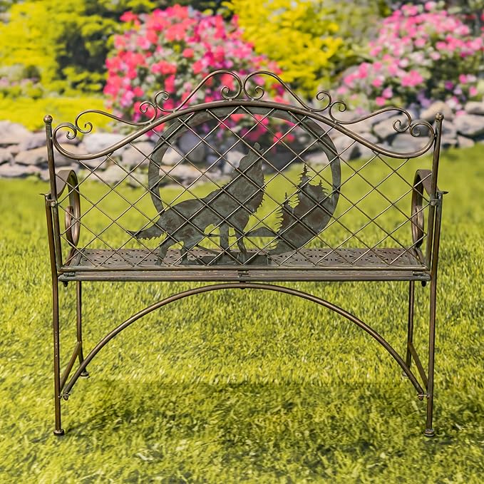 Classic Iron Garden Bench with Nature Scenery (Howling Wolf Backrest in Bronze)