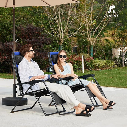JEAREY Oversized Padded Zero Gravity Chairs, Folding Lounge Chair Outdoor Patio Recliner, Anti Gravity Chair for Backyard with Headrest, Cup Holder, Side Tray, Polyester Mesh - Black/Blue