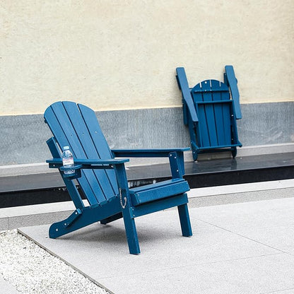 Folding Adirondack Chair with Dual Cup Holder, HDPE Composite Adirondack Chair with Wood Texture, Patio Chairs, Lawn Chairs, Outdoor Chair for Deck, Backyard, Garden (Navy Blue)