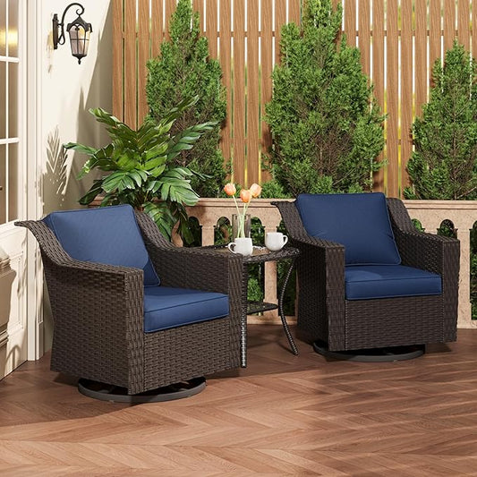 3 Pieces Patio Conversation Furniture Set - 2 Swivel Chairs, 1 Side Table, Outdoor Wicker Rocking Glider Armchairs with Washable and Water-Resistant Cushions for Balcony, (Navy Blue)