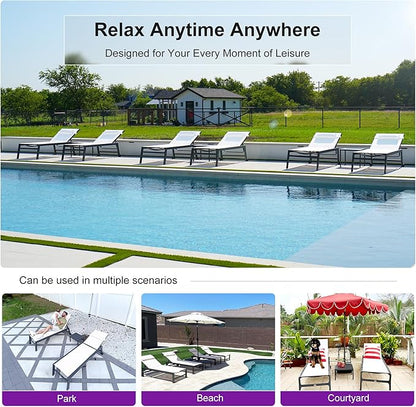 PURPLE LEAF Patio Lounge Chair Set of 3 Outdoor Chaise Lounger Aluminum Frame with Side Table and Wheels for Pool Outside Sunbathing Tanning Recliner Including Pillows White