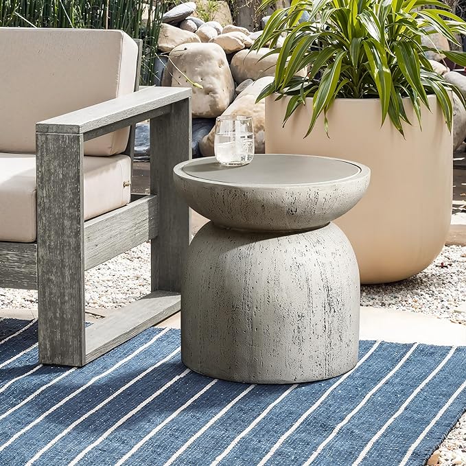 LuxenHome Rustic Outdoor Side Table, 16'' Concrete Small End Tables, Off White and Gray Weathered Accent Table for Patio - Photo 5