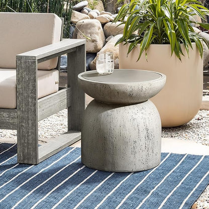 LuxenHome Rustic Outdoor Side Table, 16'' Concrete Small End Tables, Off White and Gray Weathered Accent Table for Patio, Indoor, Poolside, Backyard, Outside, Decorative Garden Stool, Plant Stand
