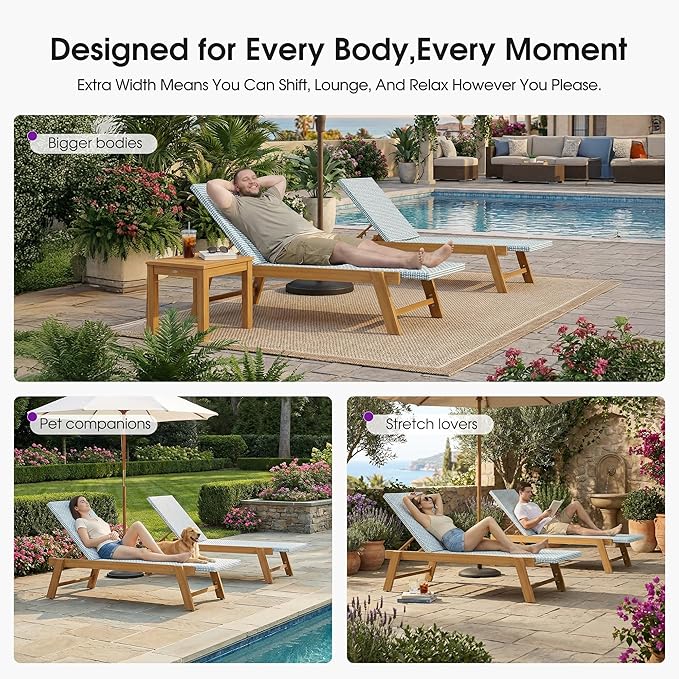 PURPLE LEAF Extra Large Patio Chaise Lounge 2 Pieces French Outdoor Wicker Lounger Matte Teak Aluminum Frame 771LBS Capacity PE Rattan Adjustable Backrest for Pool Garden Beach Backyard Light Blue