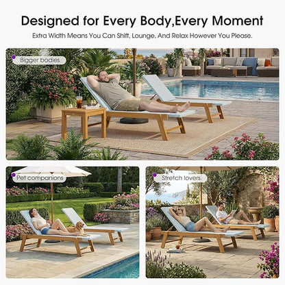 PURPLE LEAF Extra Large Patio Chaise Lounge 2 Pieces French Outdoor Wicker Lounger Matte Teak Aluminum Frame 771LBS Capacity PE Rattan Adjustable Backrest for Pool Garden Beach Backyard Light Blue