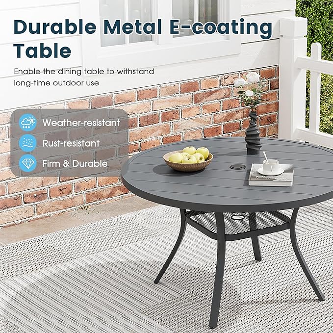 Patio Dining Table for 4, Round Metal Outdoor Table with Storage Shelf, 1.57" Umbrella Hole, 41" Outdoor Slat Tabletop Dining Table for Backyard, Porch, Lawn, Dark Grey