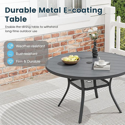 Patio Dining Table for 4, Round Metal Outdoor Table with Storage Shelf, 1.57" Umbrella Hole, 41" Outdoor Slat Tabletop Dining Table for Backyard, Porch, Lawn, Dark Grey