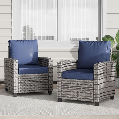 2 Pieces Patio Furniture Set, Outdoor Wicker Chairs Set of 2, All Weather High Back Rattan Chairs, Seating Club Chair Porch Chairs Set with Cushions for Balcony Porch Deck, Blue2
