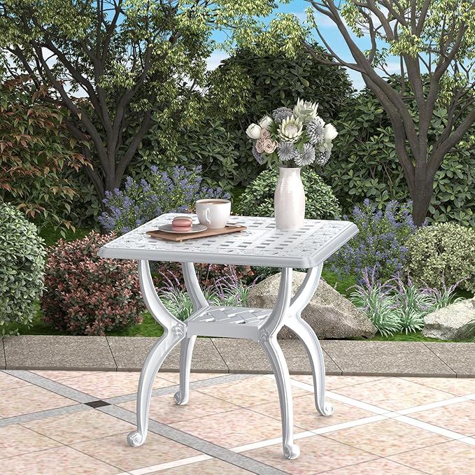 Square Outdoor Coffee Table, Cast Aluminum Side Table with Storage,Indoor End Table, All-Weather Bistro Table for Patio Garden Lawn,White