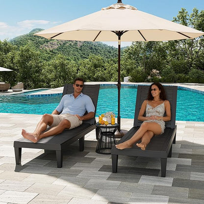 Outdoor Chaise Lounge Chairs Set of 2, 5-Position Adjustable Tanning Lounge Chairs with Wood Texture, All-Weather Resin Patio Lounge Chair for Pool, Garden, Deck, Beach, Striped Black