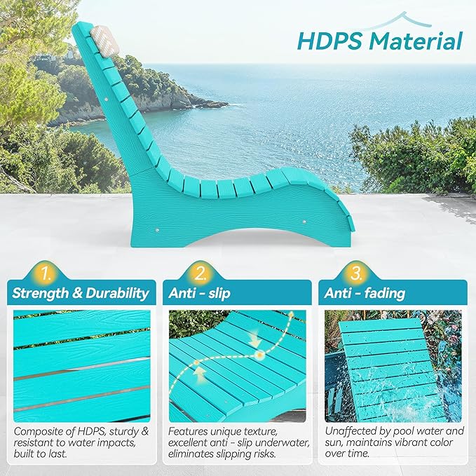HDPS Pool Lounge Chairs Set of 2, Use in Pools Lounge Chairs up to 10-Inches of Water, Chaise Chairs with Headrest, Lounge Chair Outdoor, Fade-Resistant Pool Lounger for Deck
