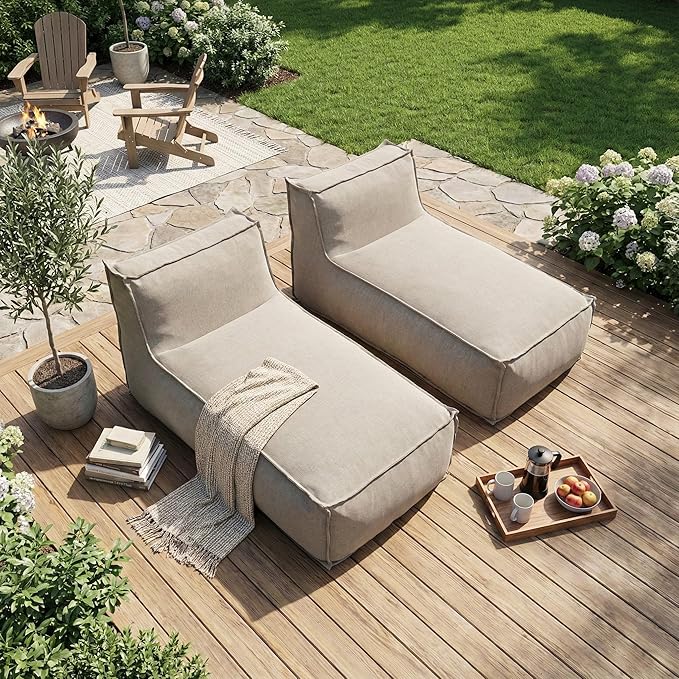 Merax Outdoor Bean Bag Lounge Chairs Set of 2, 61" Outdoor Chaise Lounger Chair with Foam Filled, Cozy Outdoor Bean Bag Couch for Patio Pool Desk, Water-Resistant Fabric Sun Lounger Chair, Beige