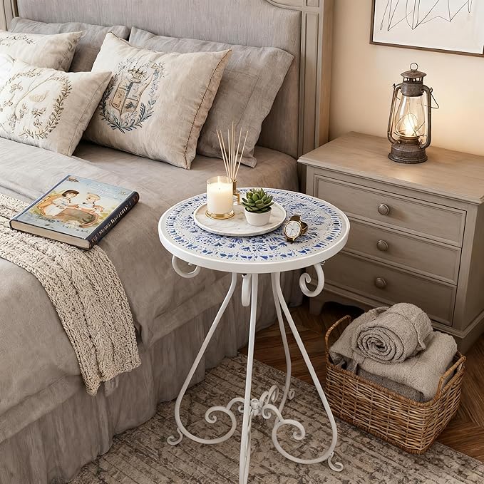 Outdoor Side Table & Mosaic Plant Stand, 14" Ceramic Tile Top Round End Table Accent Table, Indoor Outdoor Coffee Tea Table for Yard Porch Garden Patio Living Room Bedroom (Blue, 14 Inch)
