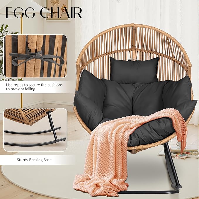 JAMFLY Wicker Egg Chair - Rattan Rocking Chairs with Cushion, Indoor-Outdoor Lounge Egg Basket Seat for Living Room - Photo 3