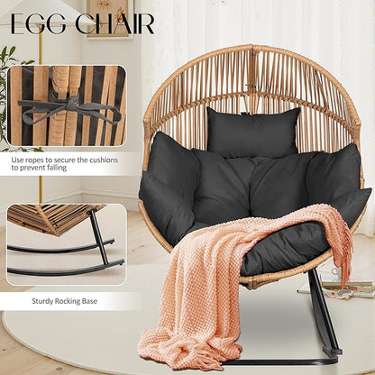 JAMFLY Wicker Egg Chair - Rattan Rocking Chairs with Cushion, Indoor-Outdoor Lounge Egg Basket Seat for Living Room, Bedroom, Patio, Backyard, Balcony (Grey/Beige)