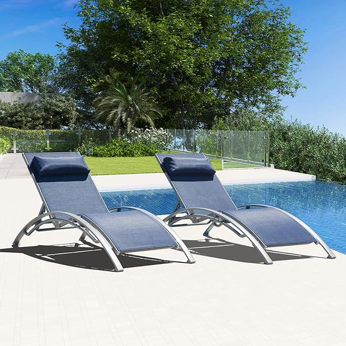 Outdoor Chaise Lounge Set of 2, Aluminum Patio Outdoor Lounge Chair for Beach Pool Sunbathing, Lawn Lounger Recliner Chair with 5 Adjustable Position, Outside Tanning Chairs with Armrest, Blue