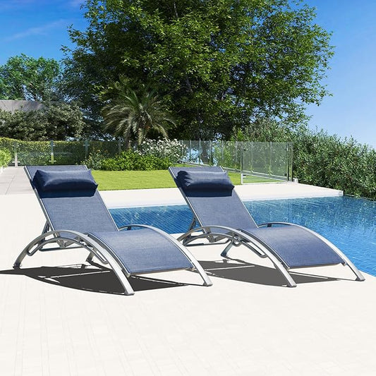 Outdoor Chaise Lounge Set of 2, Aluminum Patio Outdoor Lounge Chair for Beach Pool Sunbathing, Lawn Lounger Recliner Chair with 5 Adjustable Position, Outside Tanning Chairs with Armrest, Blue