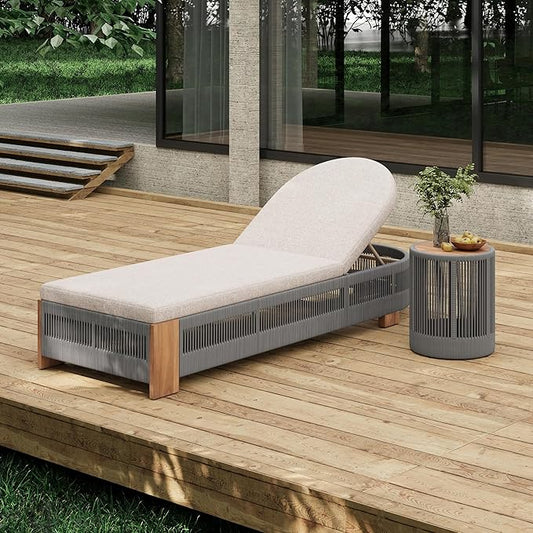 Outdoor Chaise Lounge Set, Patio Chaise Lounge Chairs with Side Table, Teak Chaise Lounge Outdoor with Adjustable Backrest, Teak Faux Wood Side Table and Beige Cushions for Outdoor Use (Grey-3pcs)