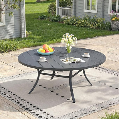 Outdoor Dining Table for 8, 60" Round Outdoor Table with Adjustable Umbrella Hole, All-Weather Metal Patio Dining Table for Lawn Garden Backyard Deck, Dark Grey
